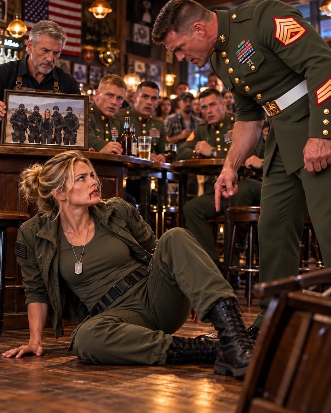 A Gunnery Sergeant shoved a female patron to the floor twice, completely unaware she was a former Navy SEAL task force commander.