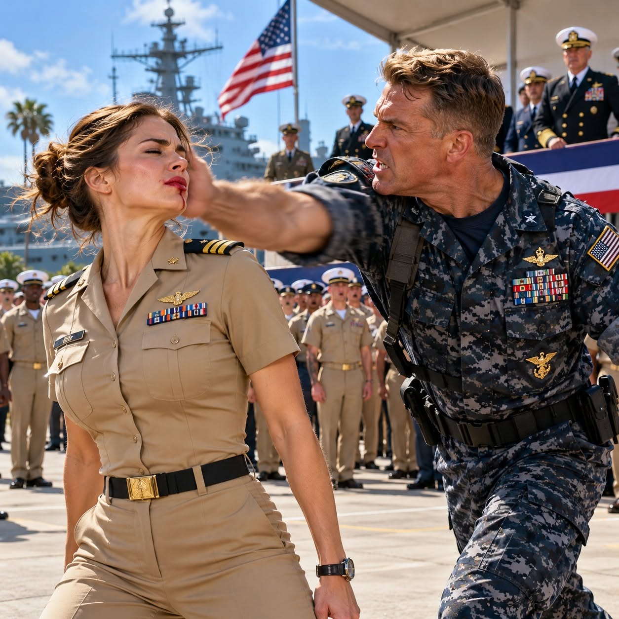 A SEAL commander slapped a quiet female captain in front of 1,000 troops, unaware the mic was live and her file was classified.