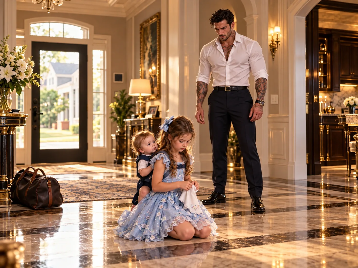 A seven-year-old trembled in bleach water with a feverish baby on her back, begging for forgiveness before she even realized her father was home.