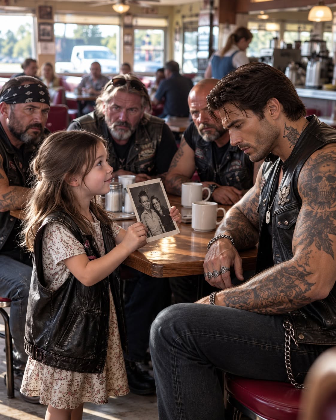 A terrified 18-year-old girl walked into a diner and handed a veteran biker a torn photo, revealing his dead wife never actually abandoned him.