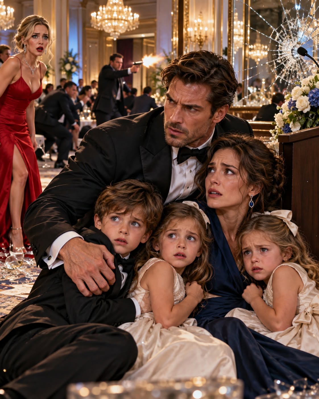 Seven years after my husband banished me based on a lie, a shattered champagne glass in a ballroom made him look at my triplets and realize the truth.