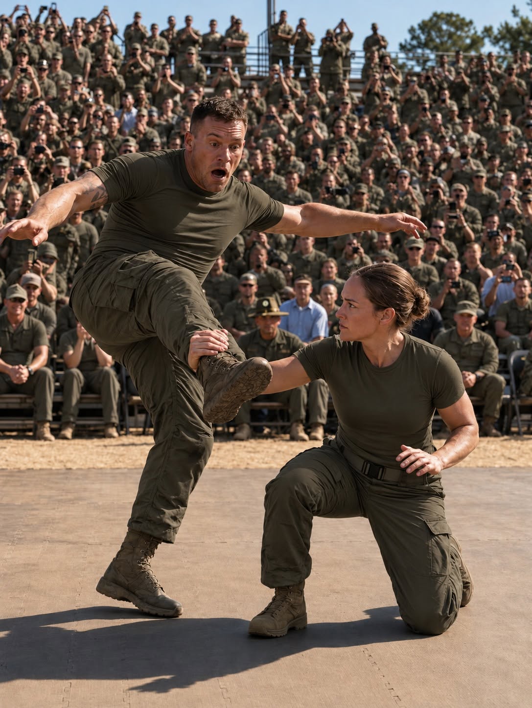 An arrogant Sergeant tried to break a female Navy operator's knee in front of five hundred soldiers, completely unprepared for her instant counter-strike.