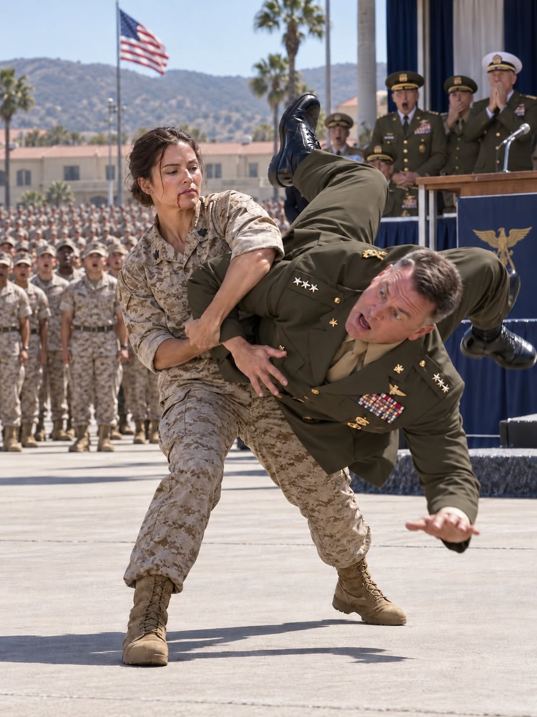 A decorated commander slapped a female officer in front of a thousand troops, completely unaware her classified record outranked his entire career.