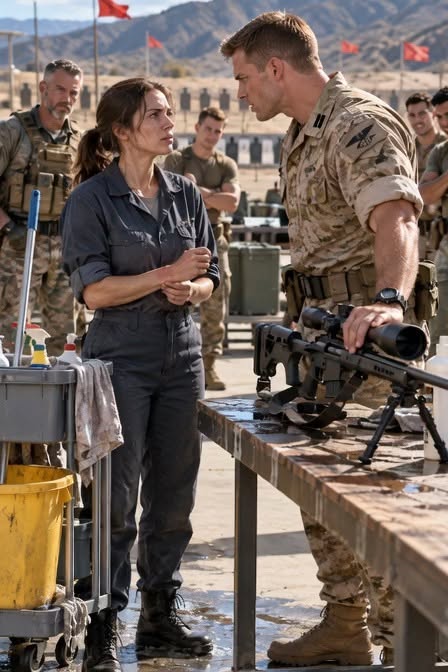 A cocky lieutenant kicked over a mop bucket to humiliate a female janitor, completely unaware she was an elite sniper instructor.
