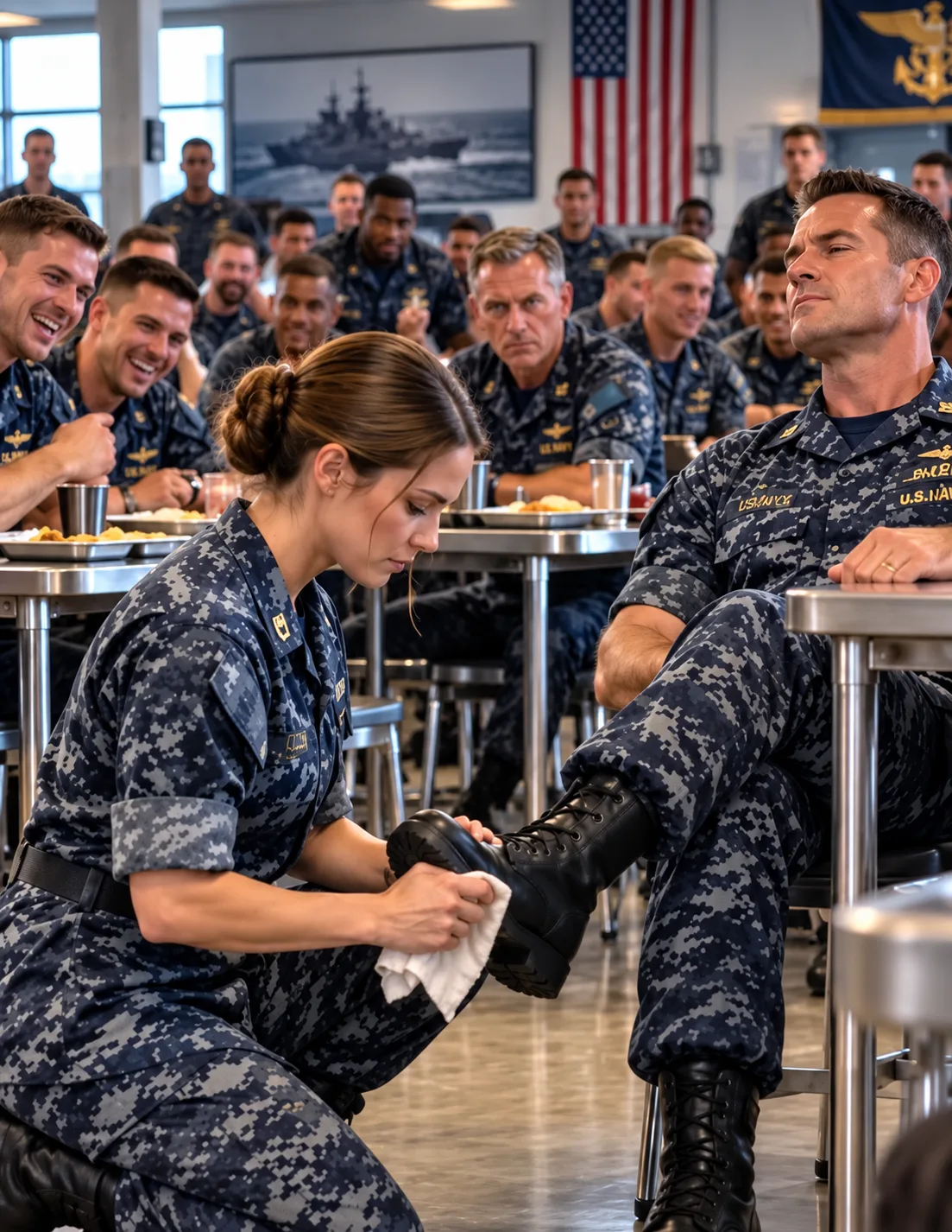 Forty elite SEALs laughed when the commander forced a female lieutenant onto her knees, until a senior chief noticed the hidden symbol on her shoulder.