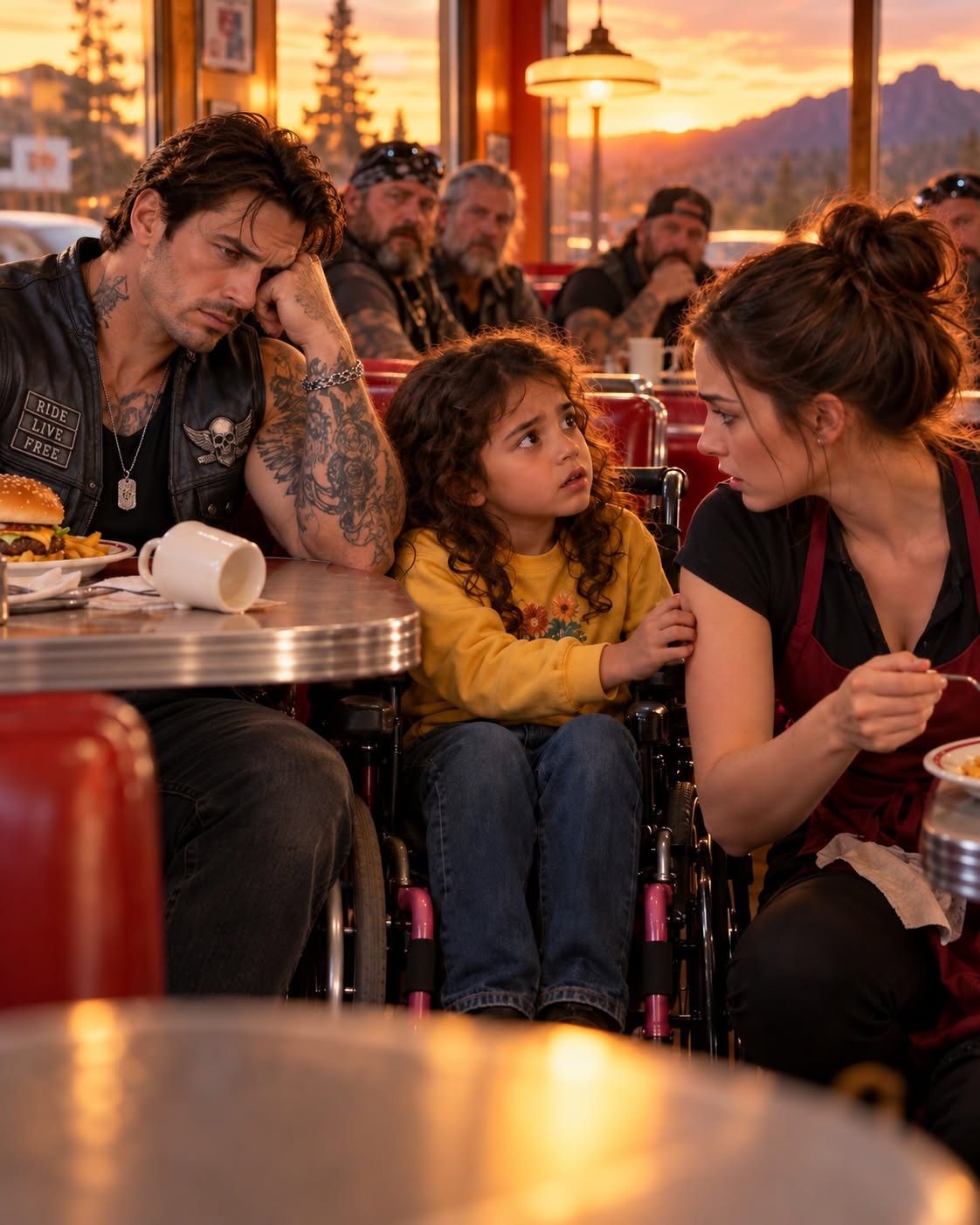A seven-year-old girl in a wheelchair tried to warn me with her eyes, seconds before her biker father collapsed onto the diner floor.