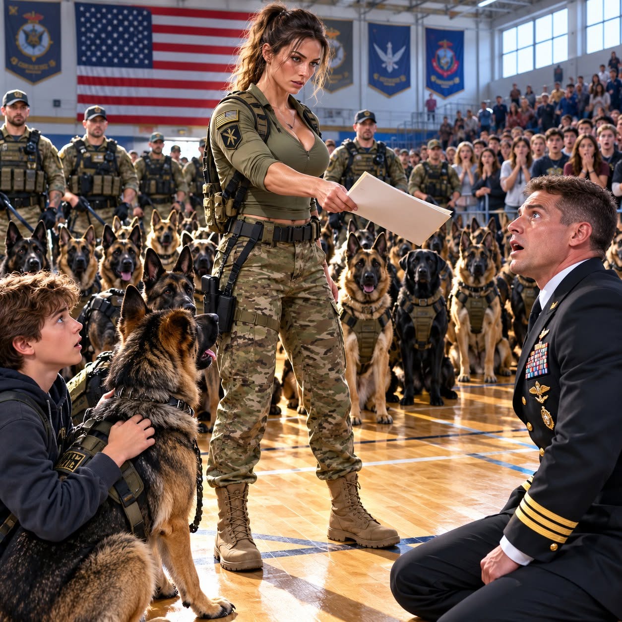 A Navy lieutenant mocked a teenager for claiming his mother was a SEAL, right up until fifty military dogs entered the gym and sat before her.