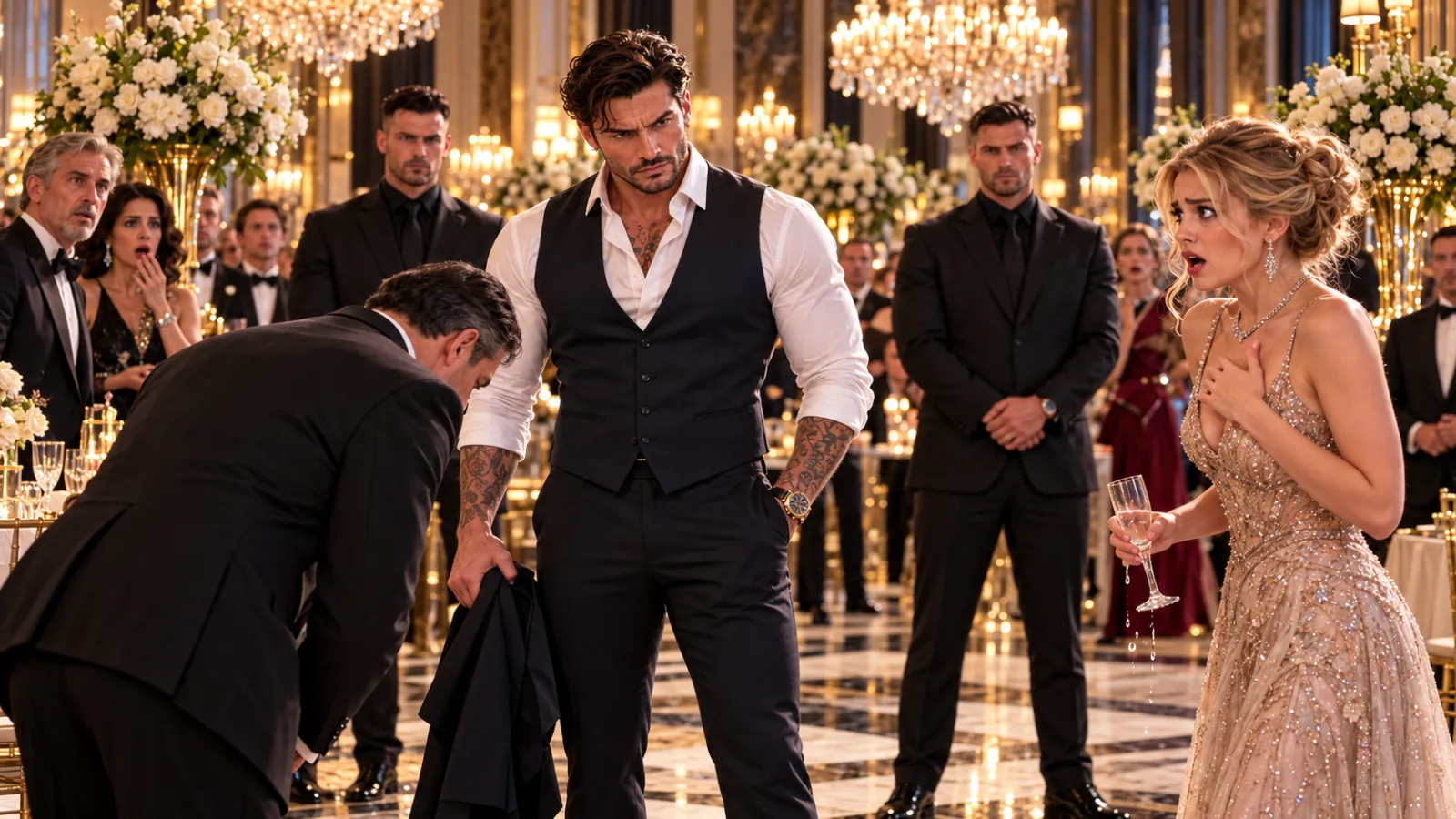 An arrogant socialite dumped a glass of champagne over a quiet guest's suit, only for the hotel general manager to rush across the ballroom and bow to him.