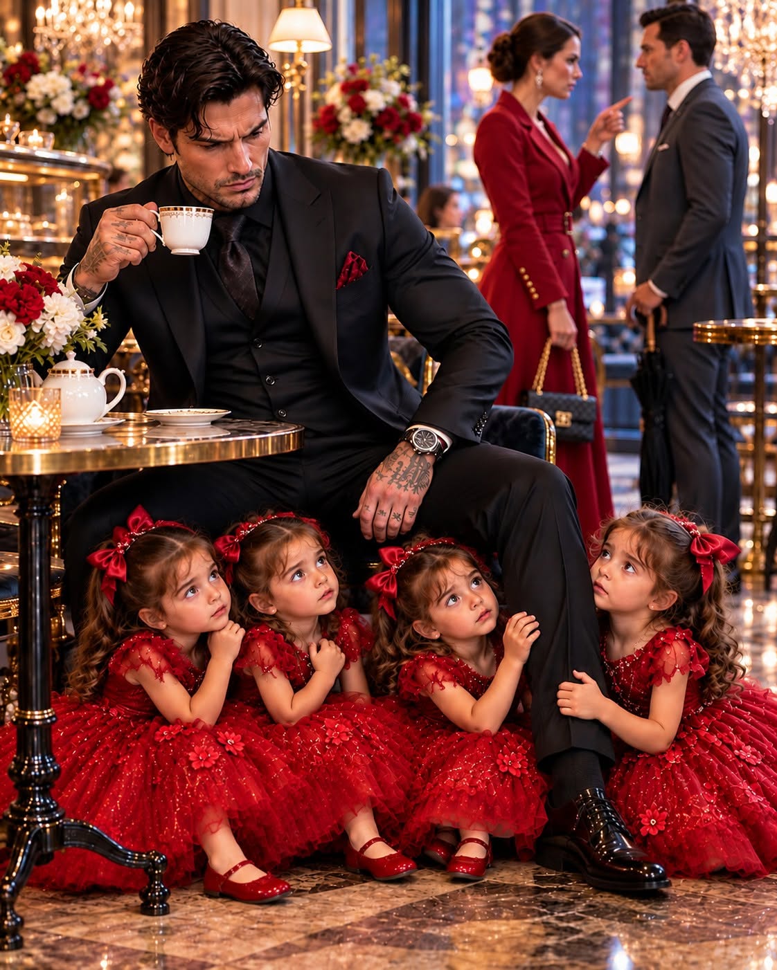 Four terrified quadruplets crawled under my café table in matching navy coats, begging Chicago's deadliest mob boss to pretend to be their father.