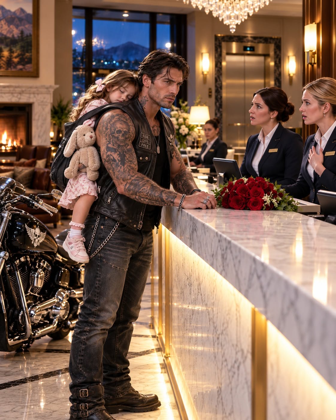 A arrogant receptionist tried to kick out a dusty biker and his sleeping six-year-old, totally oblivious that the name on his vest matched the hotel's deed.