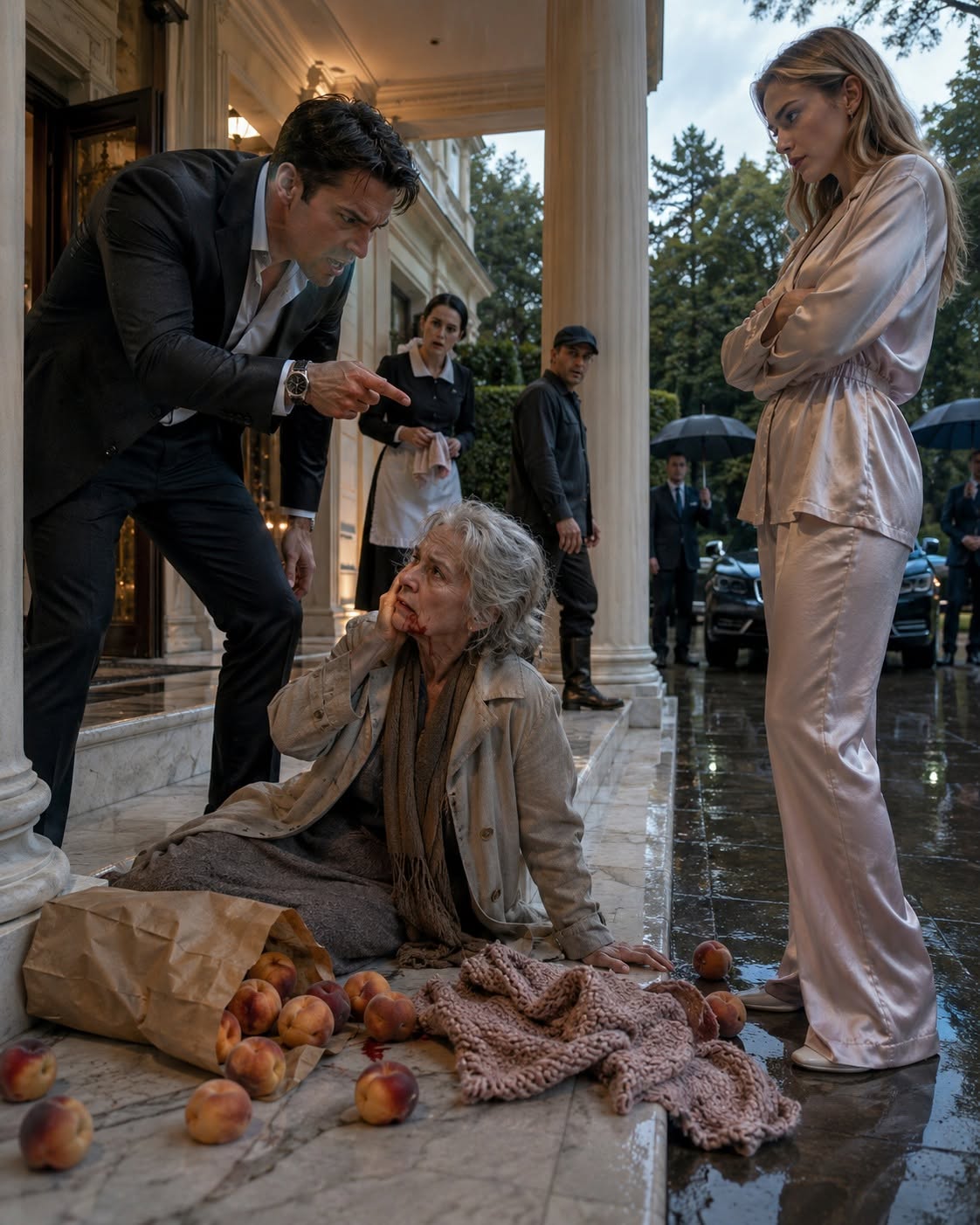 SHE WAS THROWN OUT OF HER OWN MANSION WITH A BAG OF PEACHES—THEN TWO OFFICIALS ARRIVED AT NOON