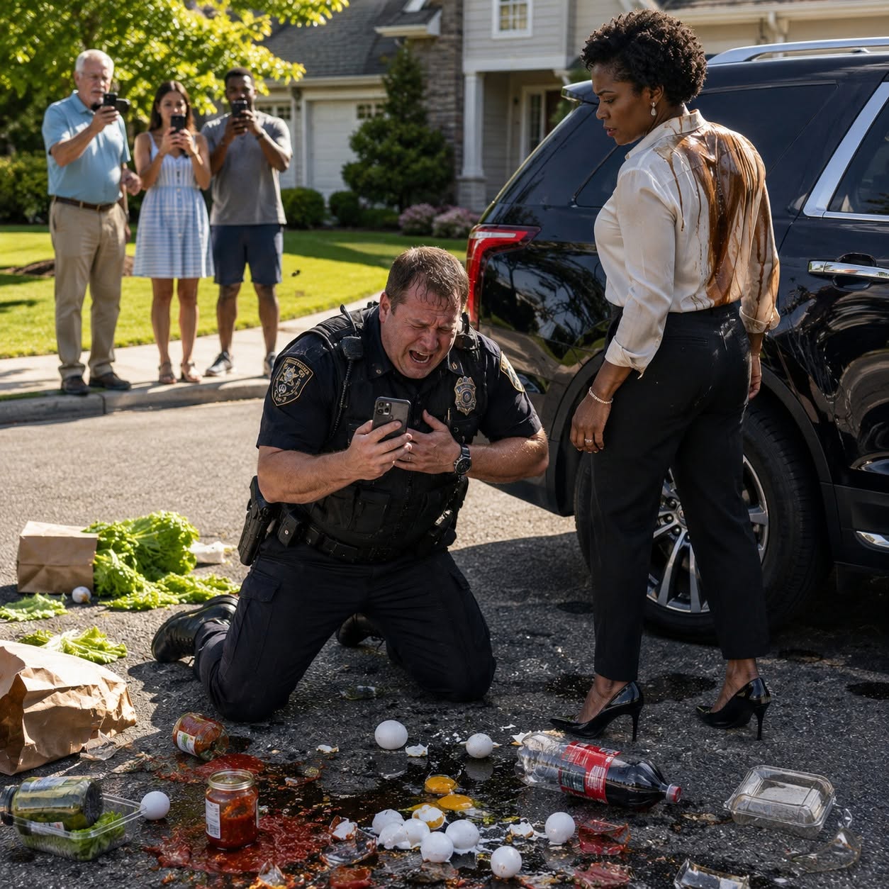 A Police Officer Destroyed My Groceries and Poured Soda on Me in My Own Driveway — Then He Heard My Husband’s Voice on the Phone