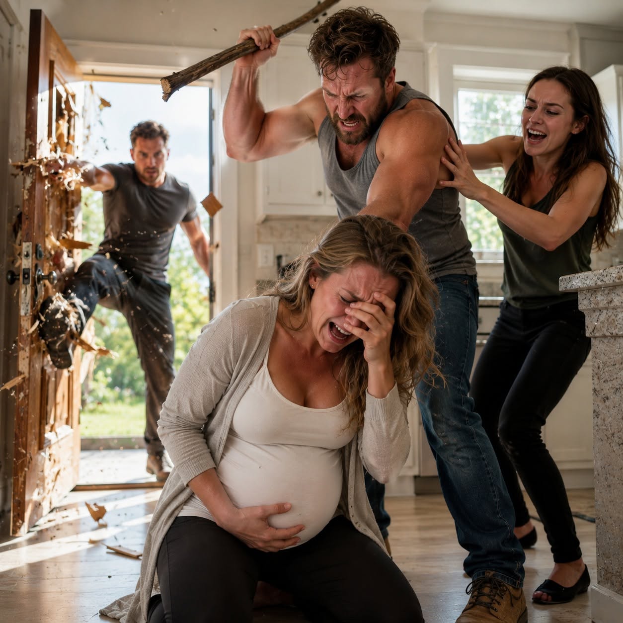 My Husband Swung a Wooden Stick at My Pregnant Belly Because His Mistress Lied — Then the Man Who Broke Through the Door Froze Him With One Command