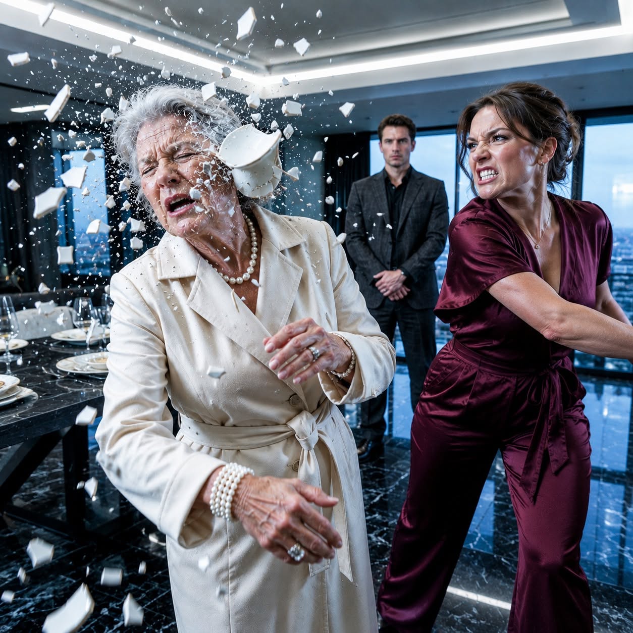 My Daughter-in-Law Smashed a Teacup Against My Face to Force My Signature — Then One Hidden Call Locked the Entire Room Down