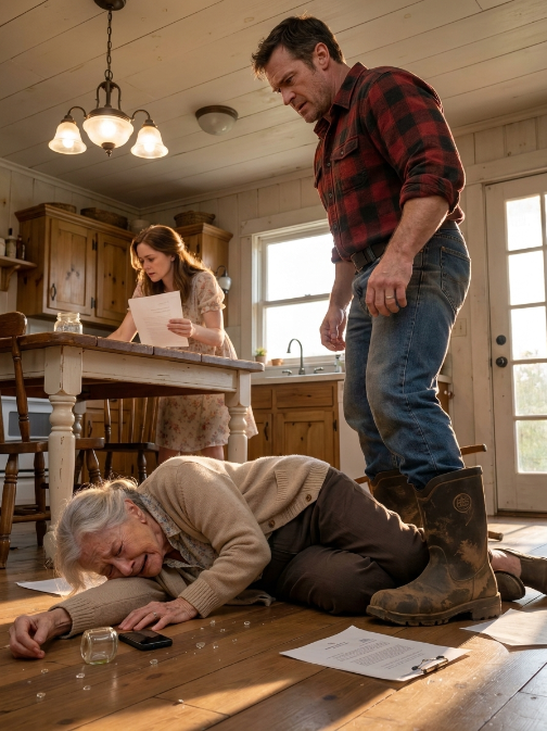 Her Greedy Son Shoved His Elderly Mother Into the Farm Table Over Her Retirement Money — Then Her Hidden Phone Started Vibrating