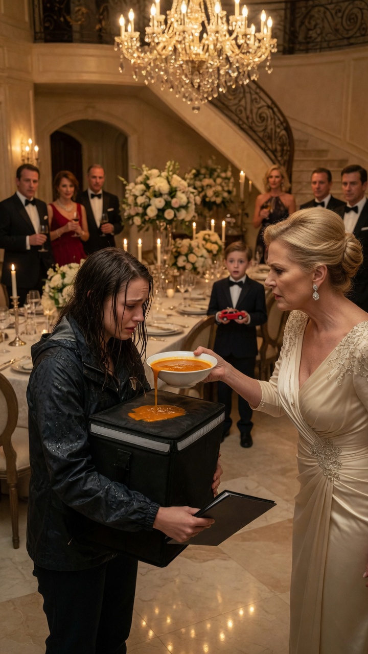 The Rich Woman Poured Soup on the Delivery Girl — Then Her Son Screamed, “Don’t Hurt My Real Mom!”