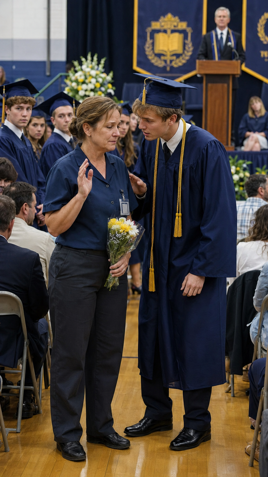 “He whispered, ‘Mom, don’t wave. My friends are here’… then the principal called the school janitor onto the graduation stage.”