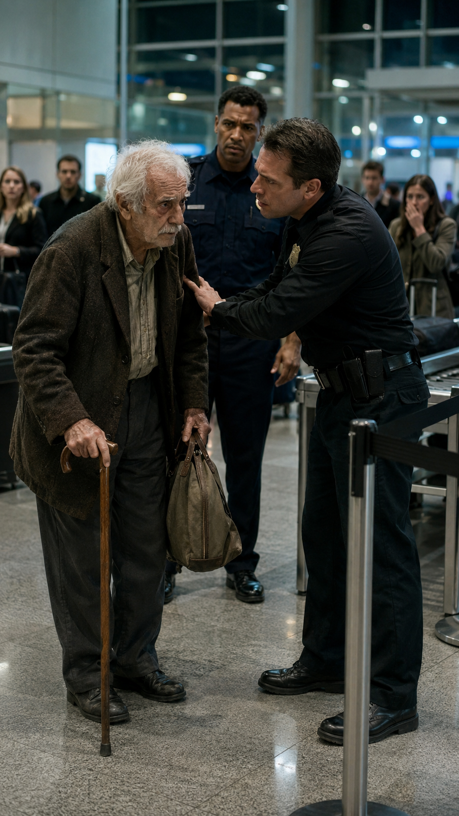 "The security guard shoved the old man for walking too slowly… then the officer behind him picked up the cane and said, “I’ve got you.”