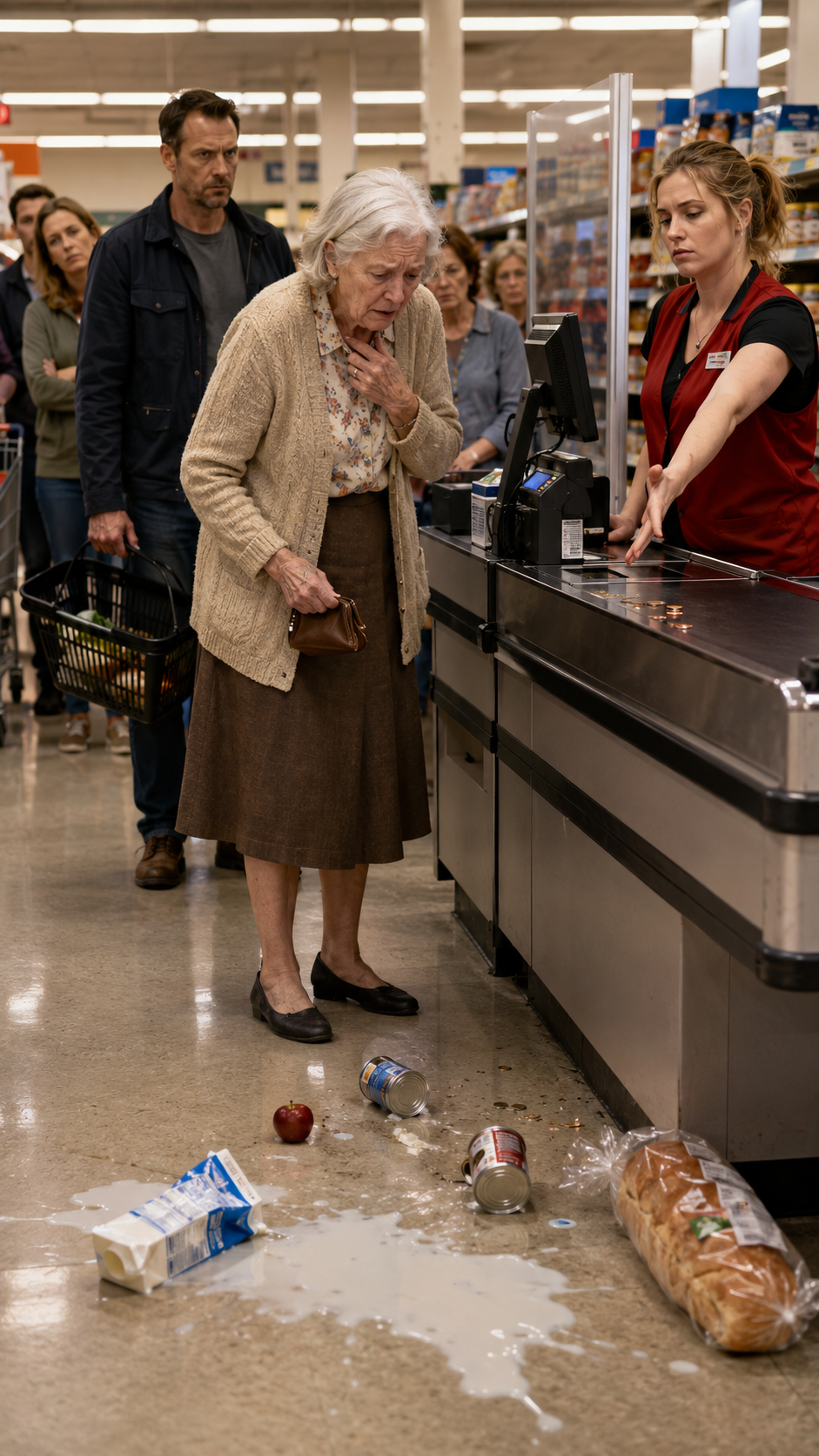 “The cashier threw an old woman’s groceries on the floor… then the quiet man behind her said, ‘Pick. It. Up.’”