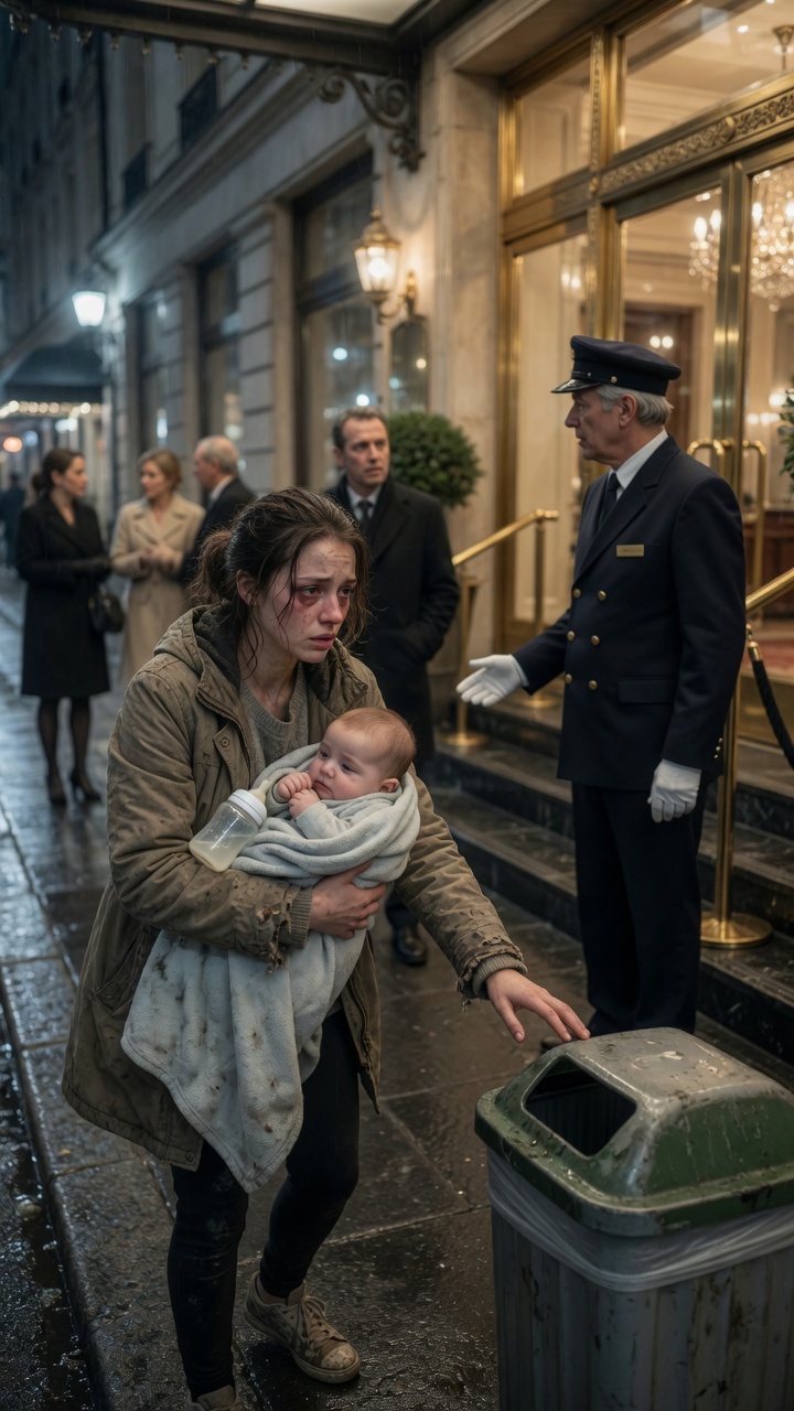 "She was too ashamed to beg, too hungry to walk away, and holding a baby too weak to cry… then the concierge in white gloves saw her reaching into the trash".