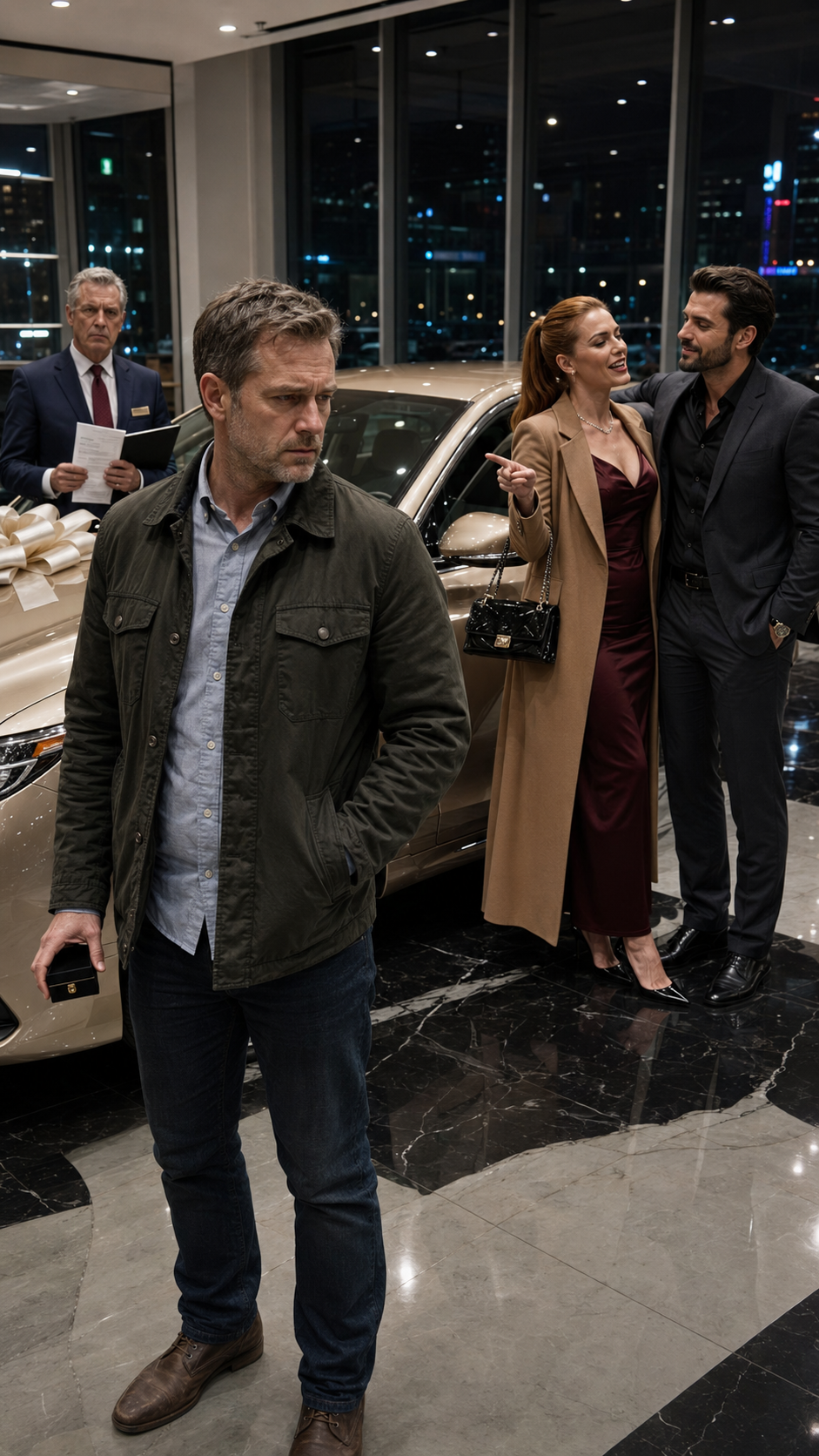 “She mocked her husband as useless in front of the man she was cheating with… then the salesman revealed the car had already been paid for by her husband as a wedding anniversary surprise.”