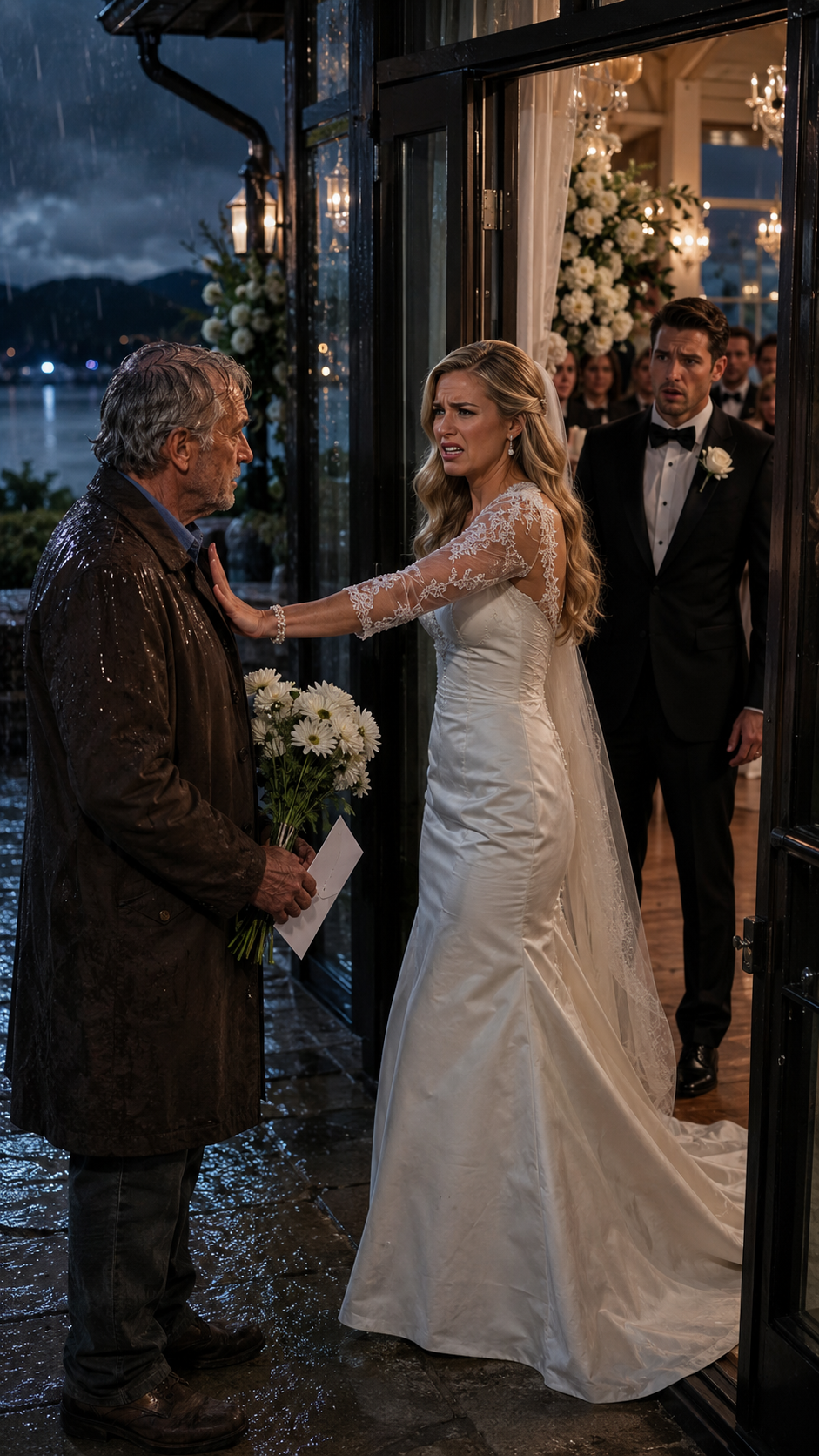 "She pushed her poor father out of her luxury wedding because his old coat embarrassed her… but when the groom followed him into the rain, he discovered the sacrifice she never knew about".