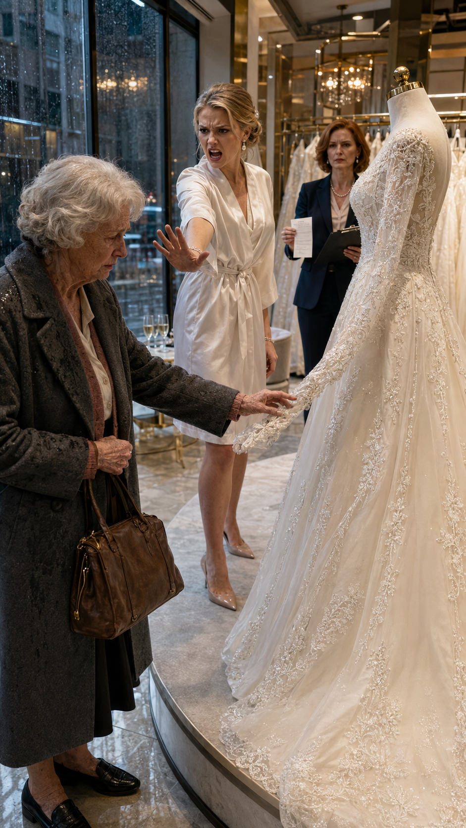 "She screamed at an old woman for touching her wedding dress… then the boutique owner handed her the payment receipt".