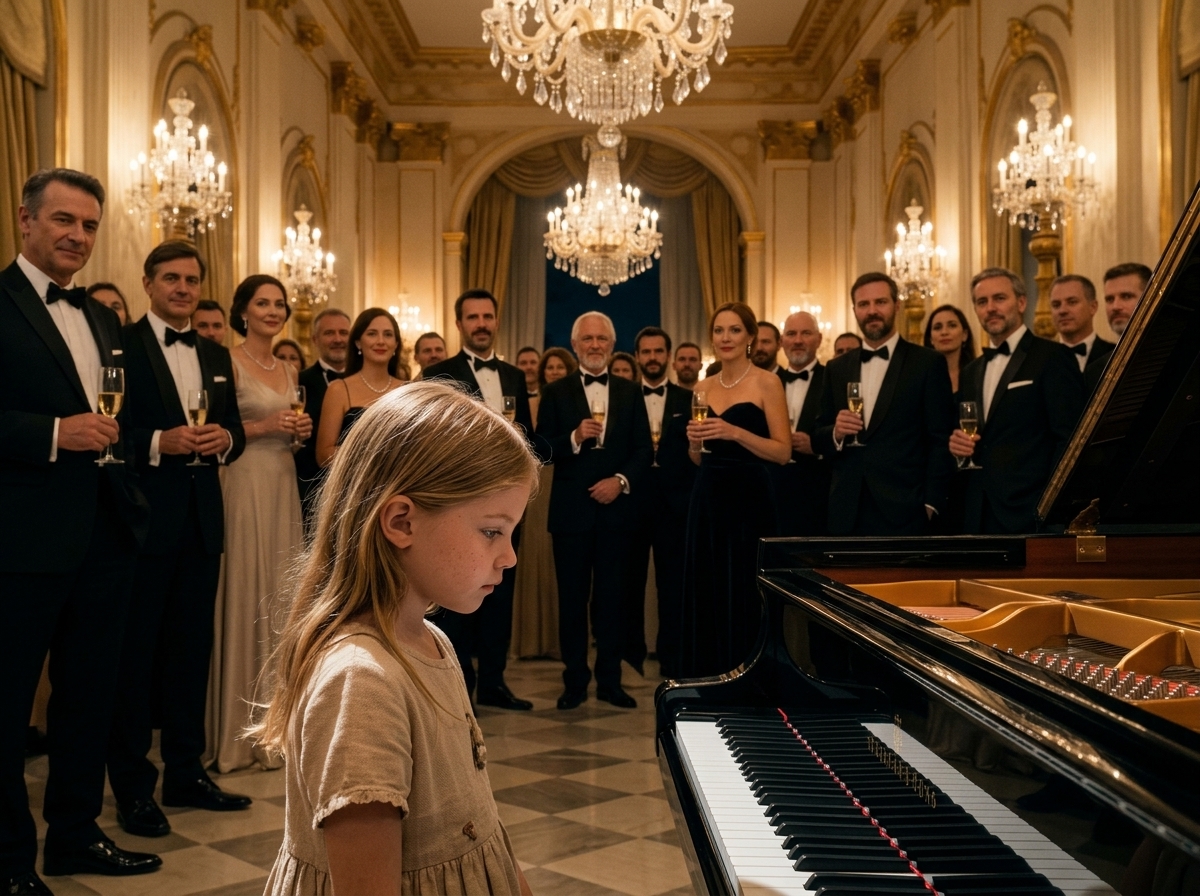 "The entire banquet hall burst into laughter when the poor girl touched the piano, until the first melody left the richest man in the room speechless."