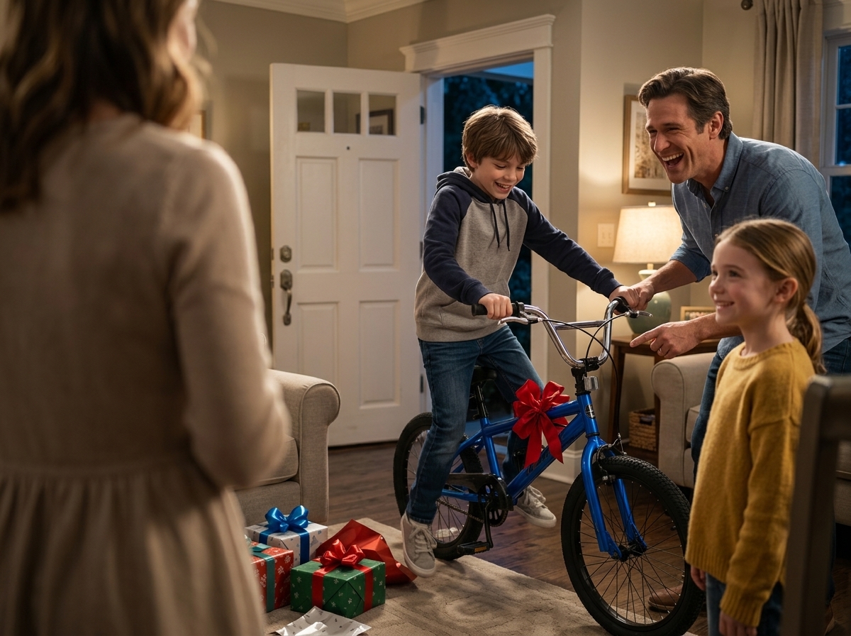 "His daughter smiled at the new bike he bought another child… while quietly tucking her torn shoes under the chair".