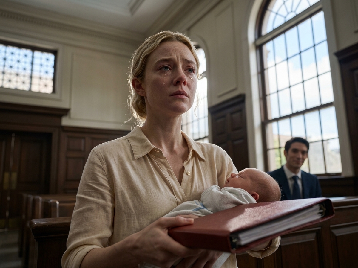 "She walked into court with her newborn in one arm… and the evidence that made her husband stop smiling".