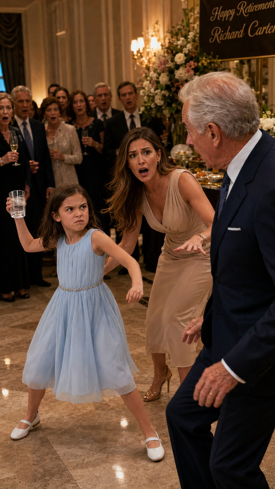 "The little girl threw a glass of water at her grandfather... during his retirement party."
