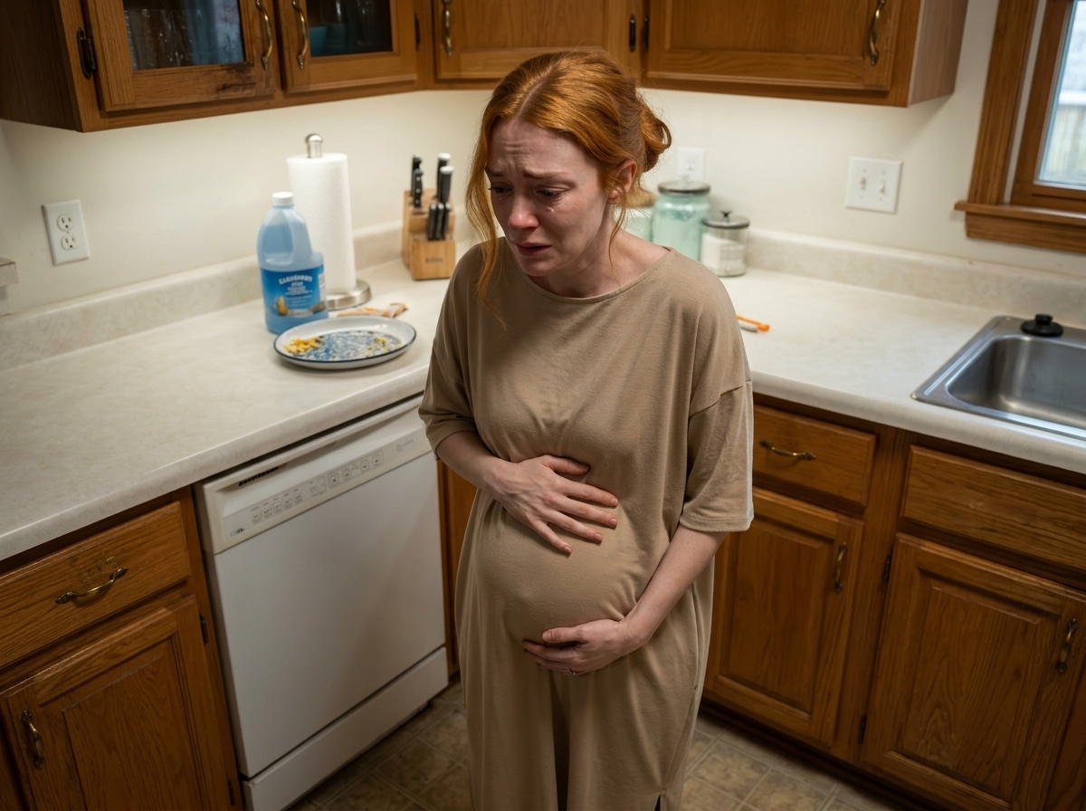 “She kept one hand on her belly and the other on a tray of food… while her husband laughed with his friends like she was invisible.”