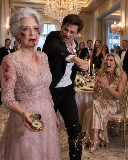 My son’s fist crashed into my face before the birthday candles were even lit. His wife laughed as he ripped my late husband’s old brass compass from my hands and flung it across the marble floor like it was worthless. I tasted blood, stayed on my feet, and walked out without saying a word, while he smiled like he had finally conquered me.