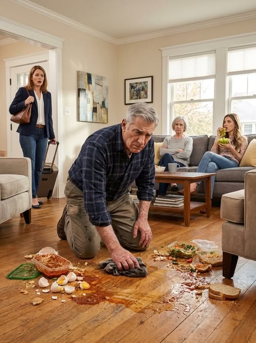 A wife returned early from a business trip and found her father kneeling on the floor cleaning, while her mother-in-law mocked him: “This house smells like the countryside.”
