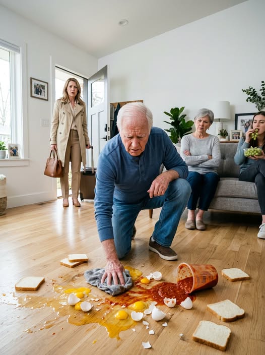 Woman returned early from a business trip and discovered her father kneeling on the floor cleaning, while her mother-in-law m0cked him: “This house smells like the countryside.”