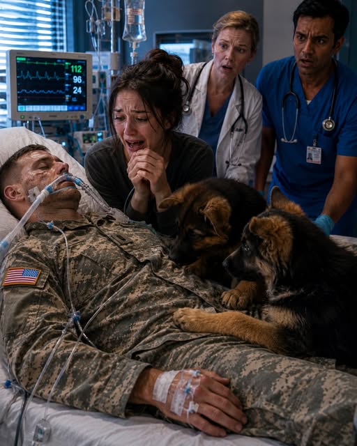 Two German Shepherd puppies walked into an intensive care unit and touched a comatose Navy SEAL. Seconds later, monitors began reacting in ways that left doctors speechless. What happened next challenged everything the hospital staff thought they knew about consciousness, loyalty, and the mysterious bond between humans and animals.