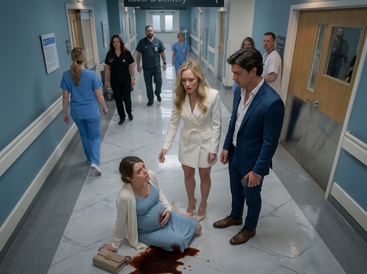 "Eight months pregnant, I hit the hospital floor while my billionaire husband protected his mistress instead of me."