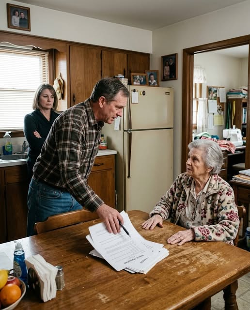 My own son moved into the house his father built, took money from my pension every month, pushed me into a folding bed in the sewing room, and waited for me to die so he and his wife could sell the place—then, at eighty-one years old, he shoved nursing-home papers across my kitchen table and told me, “Sign the house over and leave by Friday,” while his wife sneered that confused old women belonged in locked rooms, not valuable homes; but what those two greedy parasites never knew was that I had quietly sold the house six months earlier, legally secured my right to live there for the rest of my life, and transferred ownership to the one person my son had abandoned years ago—so when the doorbell rang and his estranged daughter walked in holding the keys to the house he thought he was about to inherit, my son finally understood that the old woman he had been trying to throw away had already taken his future out of his hands.