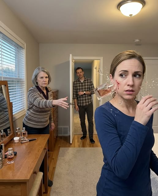 My mother-in-law smashed a glass perfume bottle across my face, watched blood run down my cheek, and then ordered me to scrub every shard from her bedroom before dinner while my own husband stood in the doorway checking his watch and telling me to “fix my face” before the guests arrived—because the two of them had already planned to use my injury, my missing passport, and six handpicked witnesses to make me look unstable enough that nobody would question whatever happened next; but while I was on my knees cleaning up the mess they created, I found a second phone hidden beneath the bed containing eleven weeks of messages between them, including instructions for exactly what each guest was supposed to “remember” about me that night—and when my husband suddenly realized that phone was no longer where he had hidden it, the look on his face told me I had just found the one thing they were willing to hurt me to keep secret.