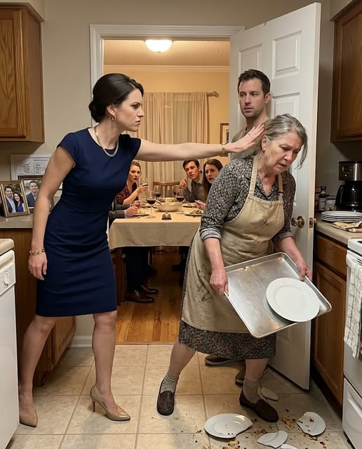 “My sister-in-law slapped my 66-year-old mother across the face in her own kitchen, pointed at the broken plates, and sneered, ‘Clean it up, maid.’ My brother stood there and did nothing while she grabbed Mom’s bruised wrist and hissed, ‘This house is mine now. You’re lucky I still let you sleep here.’ I had just come home after six years overseas. I didn’t scream. I picked my mother up off the floor, found the blue key she had hidden in her apron, and opened one locked drawer. Inside was the reason Vanessa had invited those guests—and why her smile disappeared the second she saw what I was holding.”
