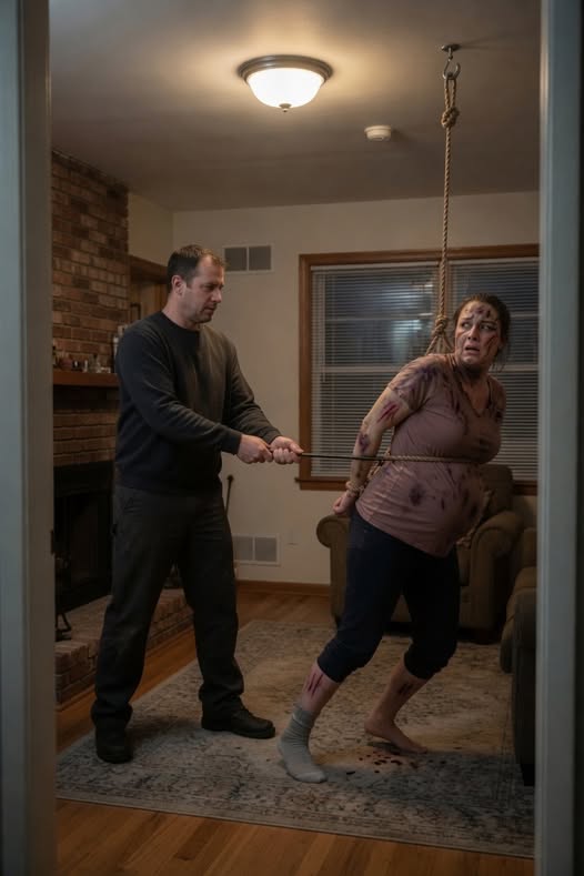 He bound my wrists high to a ceiling hook with nylon rope and used a long metal fireplace poker as a club, striking my swollen belly in slow measured swings while ordering me to “wake the boy with pain.”