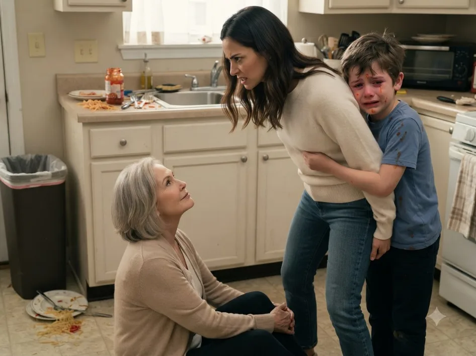 The Boy Was Standing in the Kitchen Covered in Spaghetti, Crying So Hard He Could Barely Speak—But the Moment His Mother Heard What Grandma Had Been Planning, Someone Started Pounding on the Front Door.