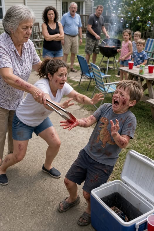 My seven-year-old screamed while his own grandmother twisted his wrist and tried to punish him with hot grill tongs for something he hadn’t even done—and my sister didn’t stop her, she laughed and said, “Don’t baby him now; he needs to learn what happens when he touches my son.”