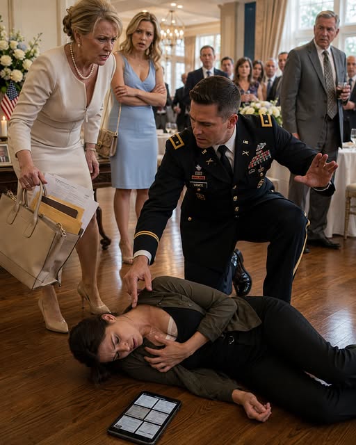 My mother stepped on the open scar across my chest when I collapsed at a country club memorial and screamed, “Quit faking it. Get in the kitchen.” My sister stood over me and called me lazy while I fought for air. They thought I was being dramatic. Then Major Eric Vance, my unit’s JAG officer, burst through the doors, dropped beside me, checked my fading pulse, and shouted, “Call 911 now!” But what terrified my family wasn’t the ambulance. It was the evidence Eric already had in his phone—and the forged document my mother was planning to use before I woke up...