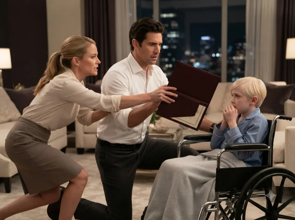 My 8-year-old son grabbed my wrist from his wheelchair and whispered, “Dad… please don’t make her angry.” Seconds later, his nanny dove behind the couch for a burgundy folder—but when one page slipped out and I saw my son’s name beside a signature I knew I’d never written, she lunged at me to keep me from reading the rest.