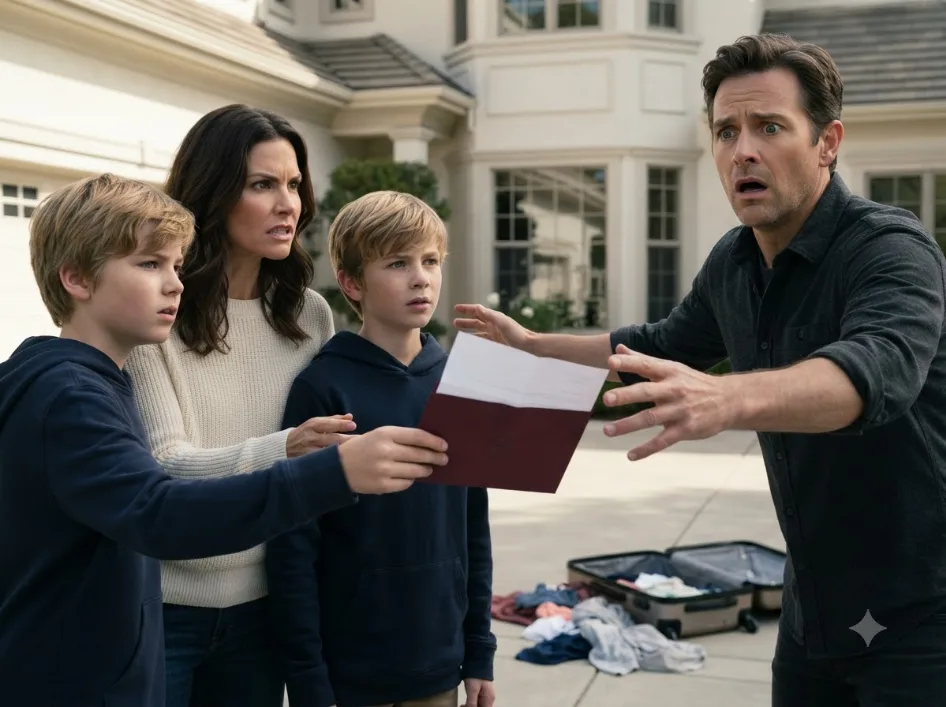 My husband threw my 12-year-old son’s suitcase into the driveway and snarled, “He’s not my blood, so he’s not living in my house.” But when my son quietly pulled a sealed envelope from his pocket, my husband’s face went white—and suddenly, he was begging us not to open it.