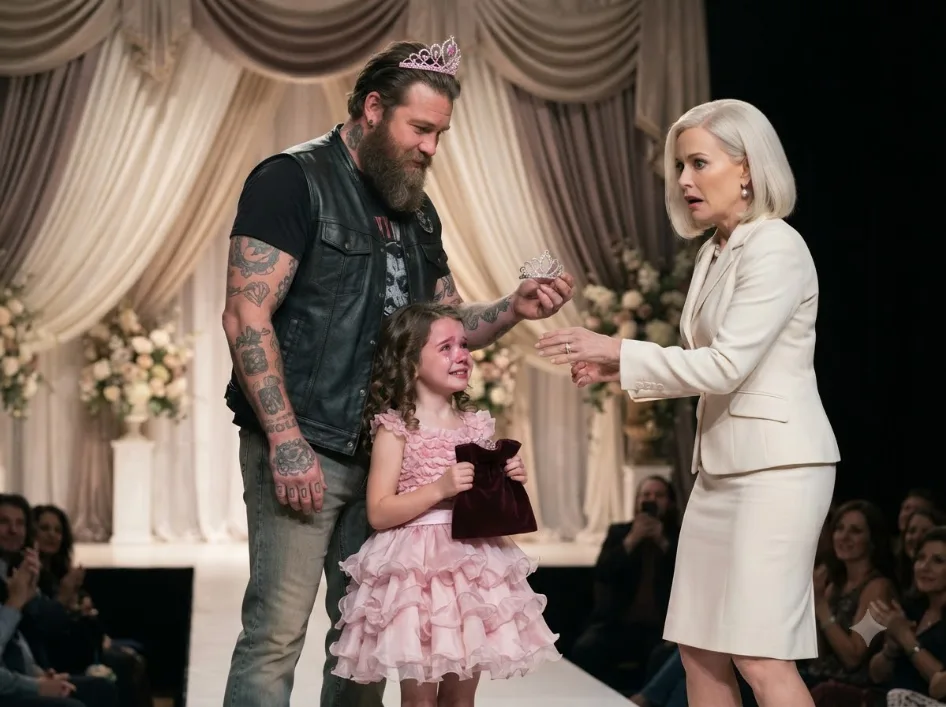 A 7-year-old girl froze in tears when the pageant director ripped the tiara off her head and sneered at her tattooed biker father. Then the 6'5" dad walked onto the stage, put the pink tiara on himself—and when his daughter pulled one tiny object from her dead mother’s pouch, the woman who had humiliated them suddenly went pale and tried to snatch it before anyone could see.