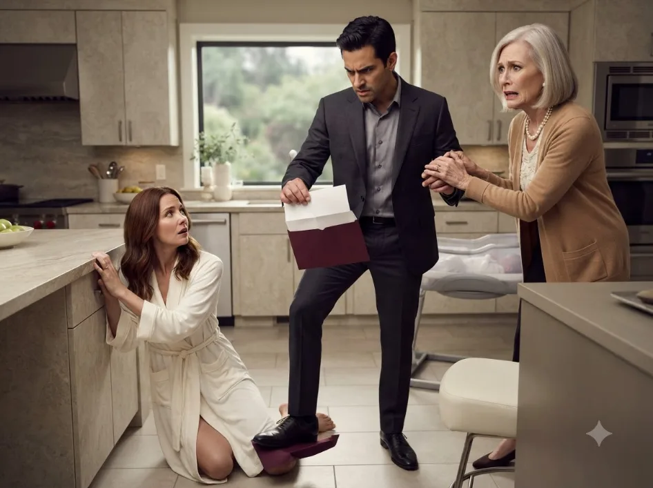 My mother-in-law forced me to scrub the kitchen just days after I nearly died giving birth—but when my husband came home, one hospital envelope slipped from her cardigan. The second he asked why she had hidden it, her face went white.