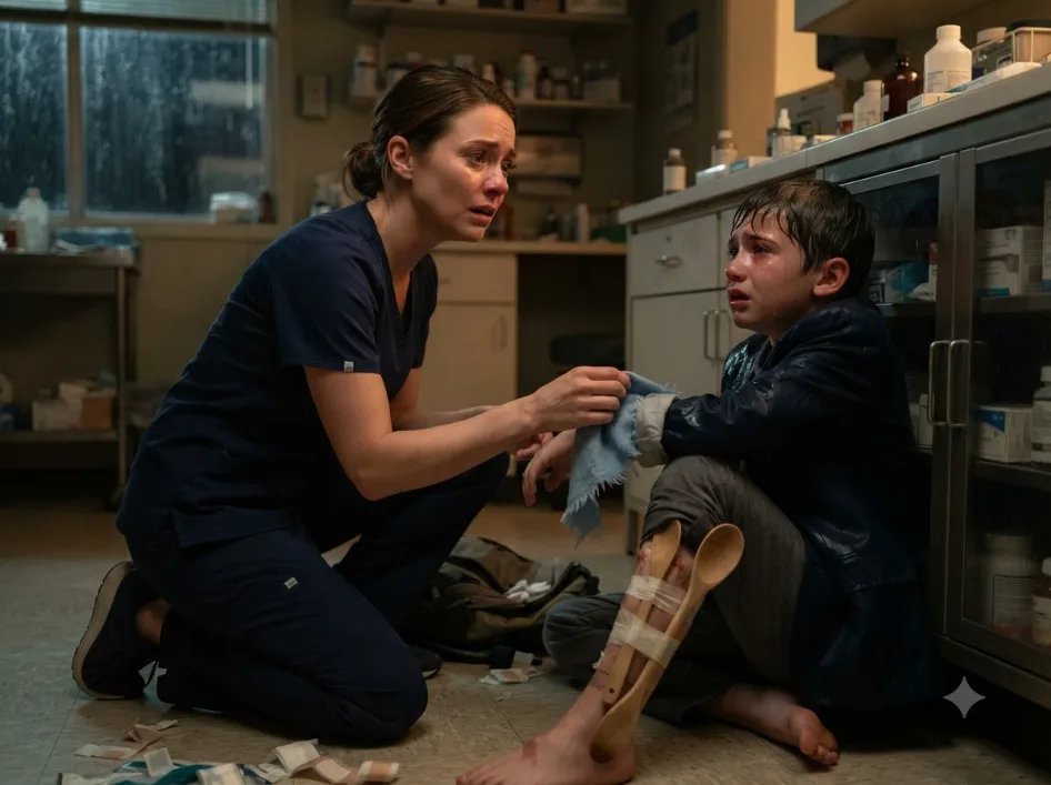 A Doctor Caught a Well-Dressed Little Boy Stealing Bandages After Closing—But When She Saw the Homemade Splint on His Leg and a Familiar Piece of Blue Fabric Hidden Inside His Sleeve, She Realized This Child Was Connected to Her Past in a Way She Never Expected.