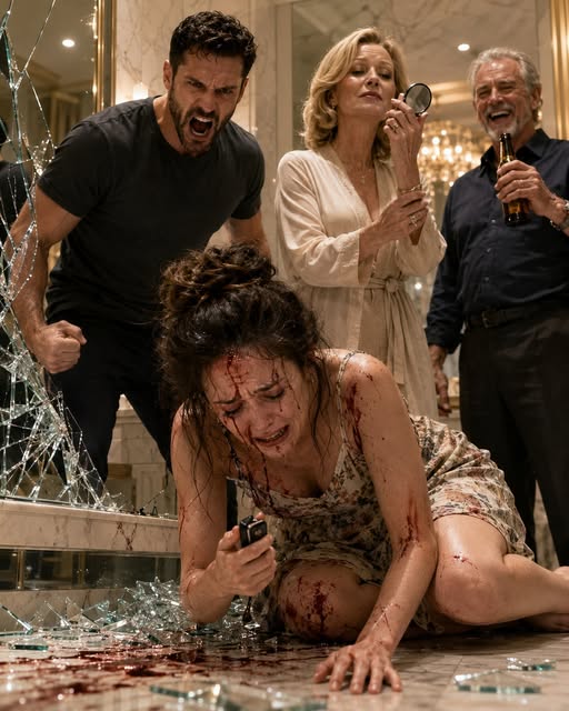 “My husband smashed me into a bathroom mirror because I asked where his paycheck went, his mother stepped over me to fix her lipstick, and his father handed him a beer like breaking his wife was just another family joke—none of them noticed my hand slipping into my pocket, or understood what three silent clicks were about to bring through that door.”